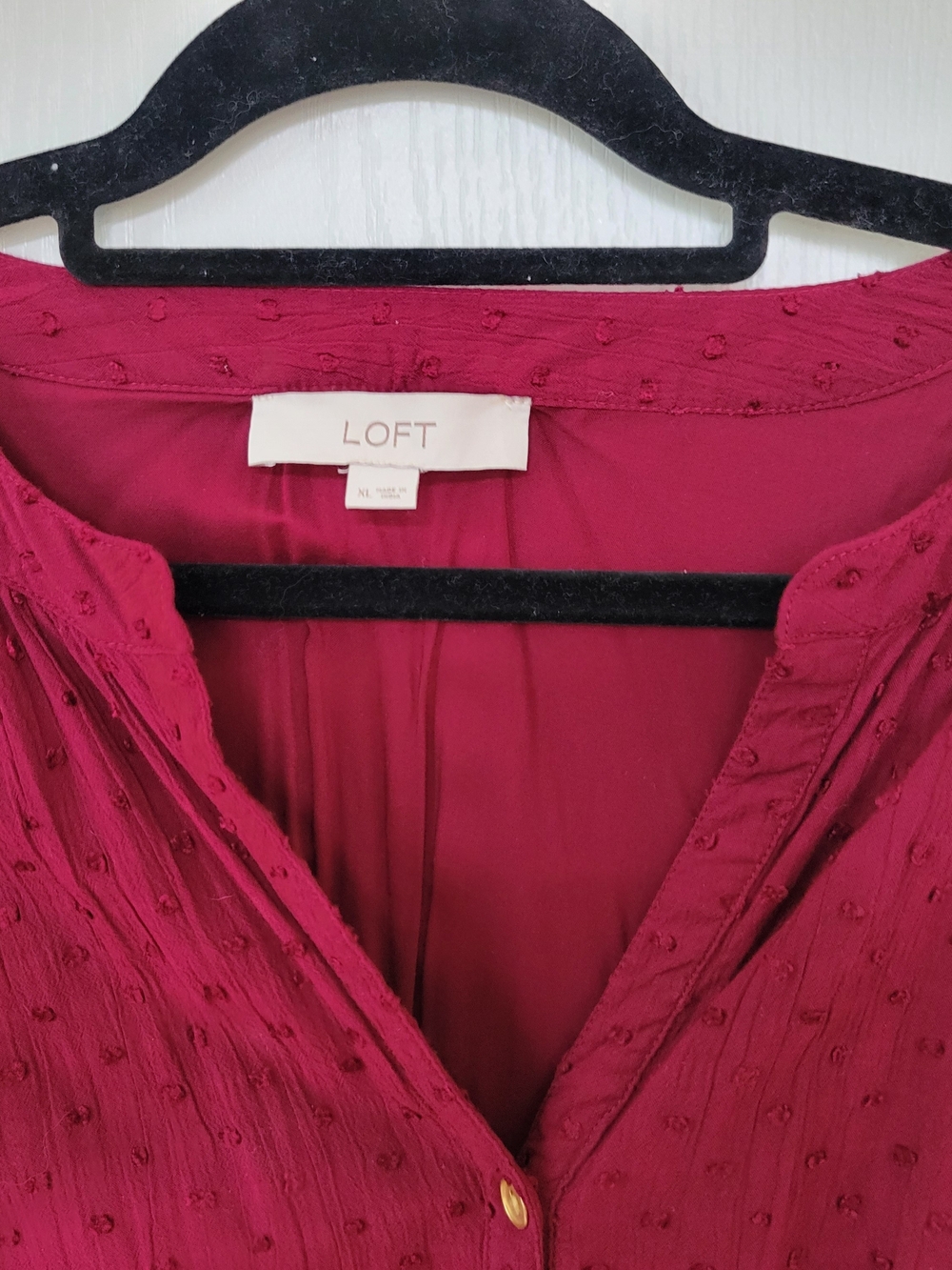 LOFT Cranberry Red Swiss Dot Tiered Midi Dress Gold Buttons Women's Size XL - Picture 2 of 9